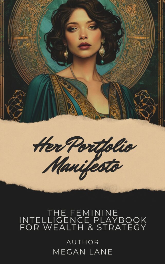 The book cover for Her Portfolio Manifesto by Megan Lane. The top half features an illustration of a woman with wavy hair wearing an ornate emerald green and gold gown against a decorative circular background. The title is written in black script on a beige torn-paper texture. The bottom section is black with white text reading: 'The Feminine Intelligence Playbook for Wealth & Strategy'.