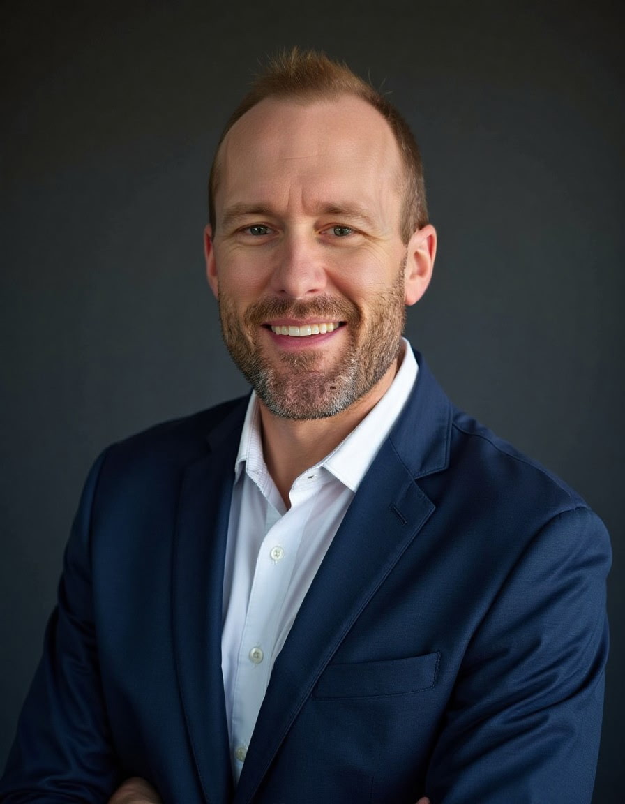 Professional headshot of Greg Mickelsen, a smiling man in a blue suit and white shirt, set against a dark neutral background.