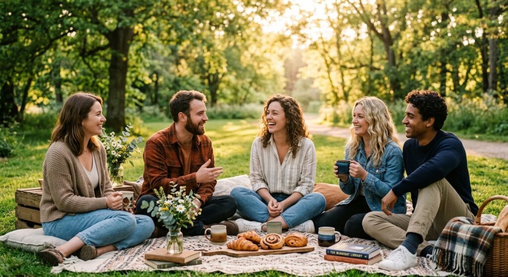 Friends enjoying a peaceful Kiki Day gathering to improve emotional wellbeing.