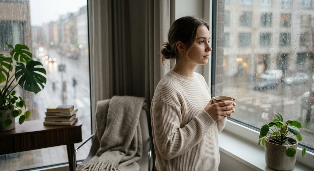 Taking a quiet moment to reflect on emotional wellbeing in everyday life.